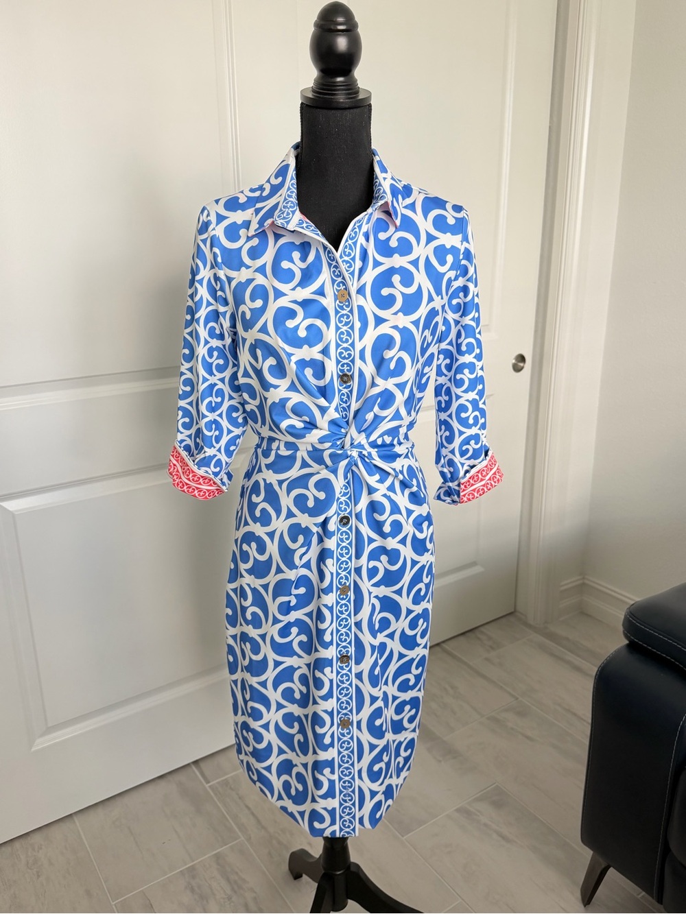 Blue and White Printed Shirt Dress with Waist Tie